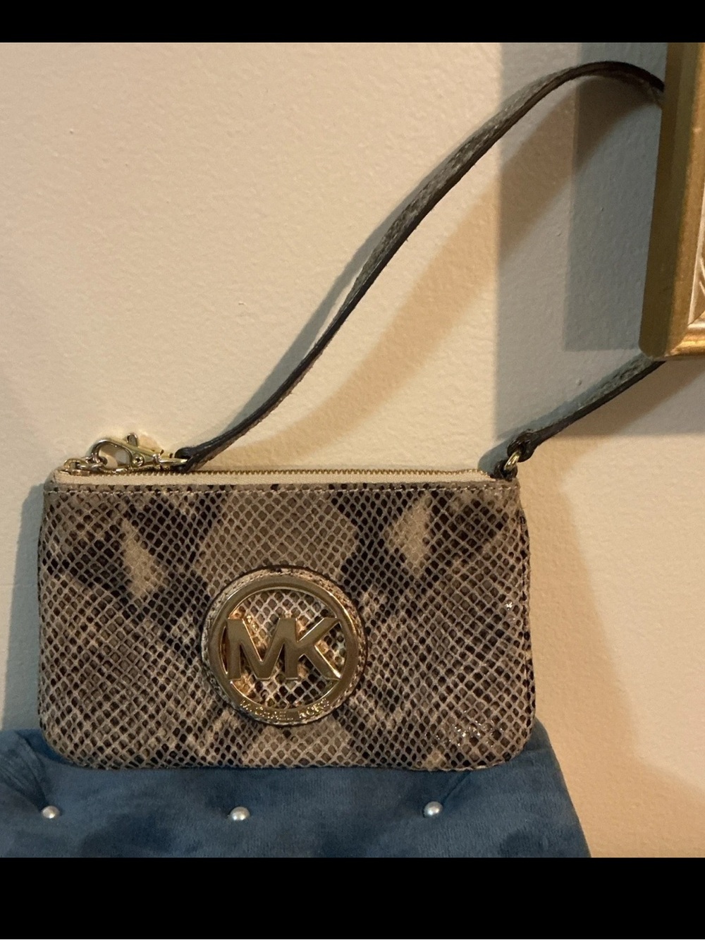 Michael Kors Snake-Print Wristlet in Taupe and Black with Gold Logo